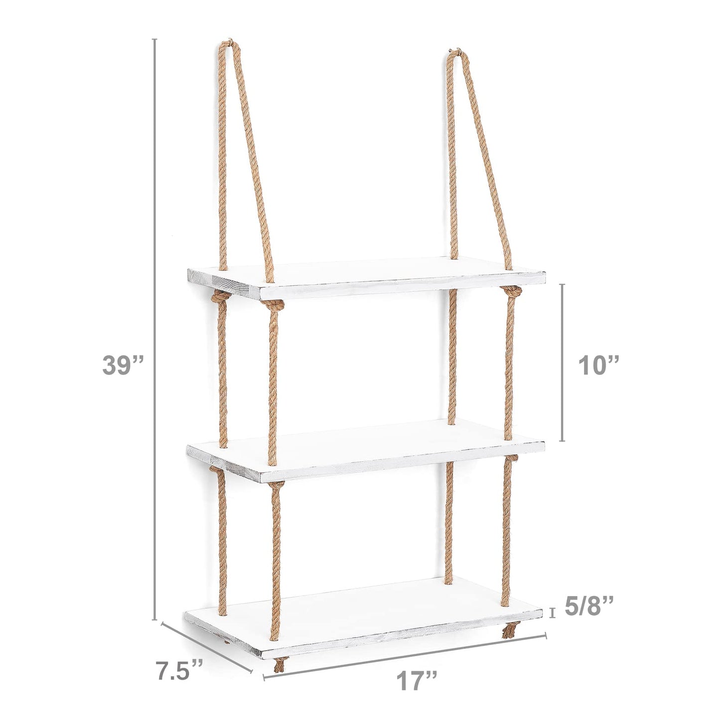 Mkono Hanging Shelves 3 Tier White Wood Wall Mount Floating Shelf with Rope Boho Decor for Living Room Bathroom Bedroom Kitchen Apartment - Rustic Wood Decorative Storage Shelf