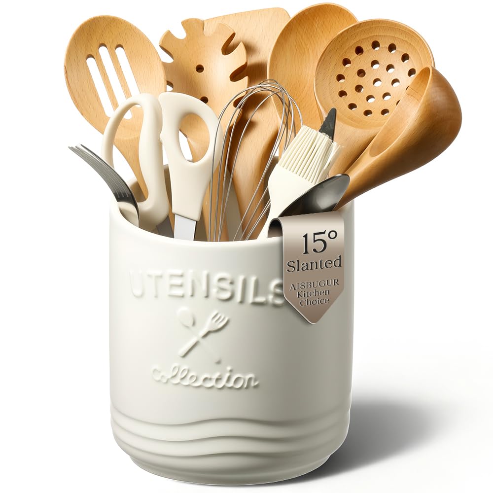 AISBUGUR Large Ceramic Utensil Holder: 7.5" H×6.3" W with Slanted Mouth - Utensil Crock with Non-Slip Cork Base for Kitchen Counter, Ideal for Decor & Gift,white utensil holder