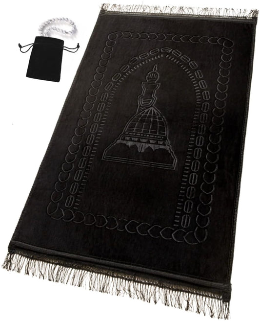 Durable Prayer Rug Muslim Mat Islamic - Luxurious Velvet Prayer Rug Sajadah for Kids Men Women for Eid Travel Ramadan, Soft and Luxury (Black)
