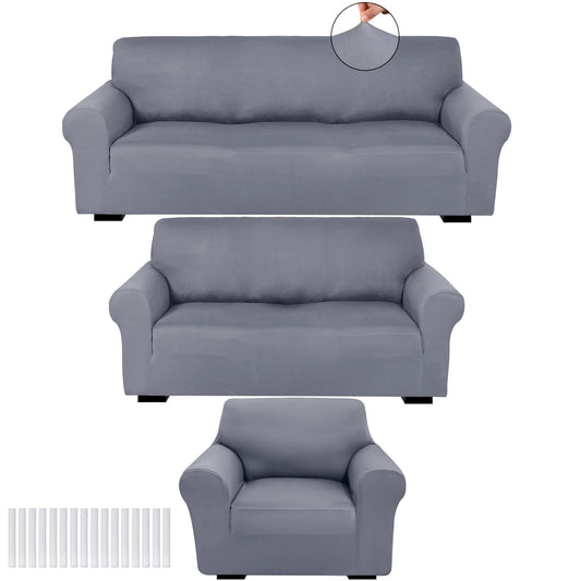 Peryiter 3 Pcs Slipcover Set for Couch Furniture Covers for Sofa Loveseat Couch Arm Chair, Form Fit Stretch, Wrinkle Free, Furniture Protector(Light Gray,Milk Silk Spandex)