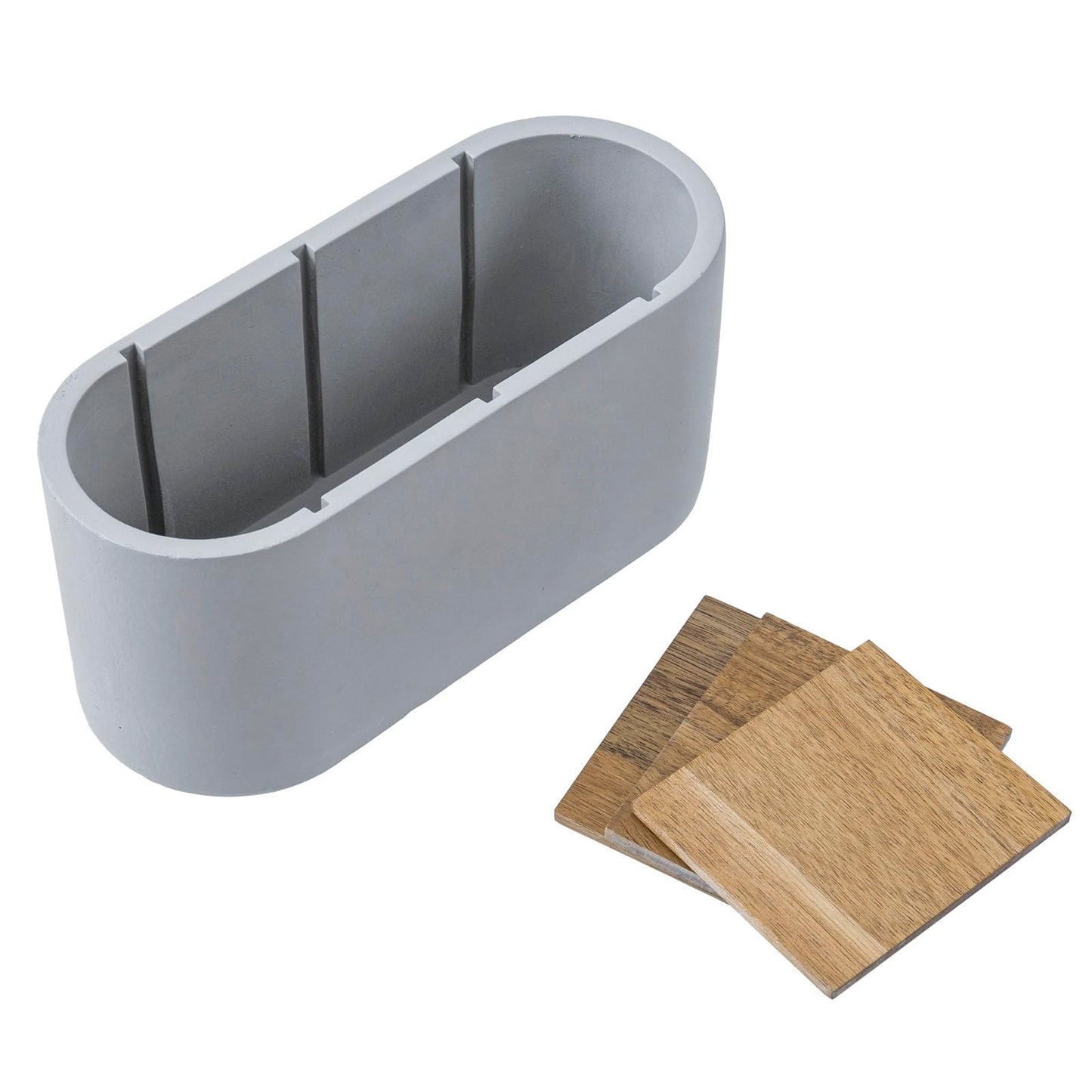 MyGift Pen Holder & Pencil Cup Modern Oval Gray Cement Desktop Office Stationery Organizer with Removable Acacia Wood Dividers