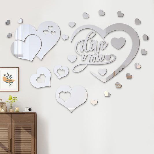 STNRST-IN 25 PCS Mirror Wall Decor, Acrylic Removable Heart Shape Mirror Stickers, DIY Self-Adhesive Wall Decor for Home Living Room Bedroom Bathroom Kitchen Sofa TV Background Decoration(Silver)