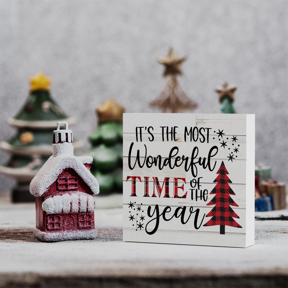 It's The Most Wonderful Time of The Year Wood Box Sign, Retro Farmhouse Christmas Santa Artwork Decor 5 x 5 Inches