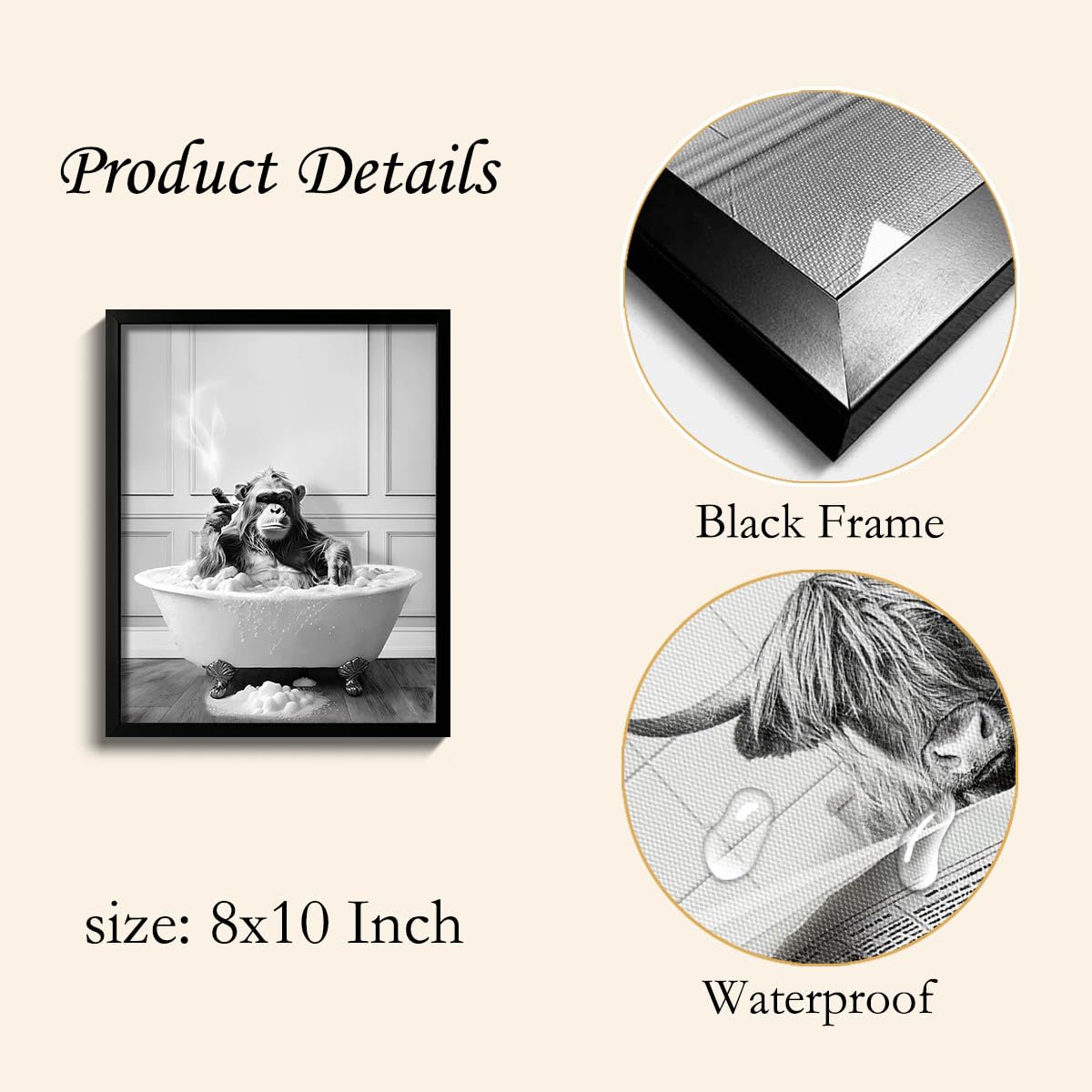 Framed Bathroom Decor Wall Art, Chimpanzee in Bathtub, Black and White Wall Art, Funny Bathroom Wall Decor Signs, Cute Animal Art Home Decor (Framed,8''x10'')