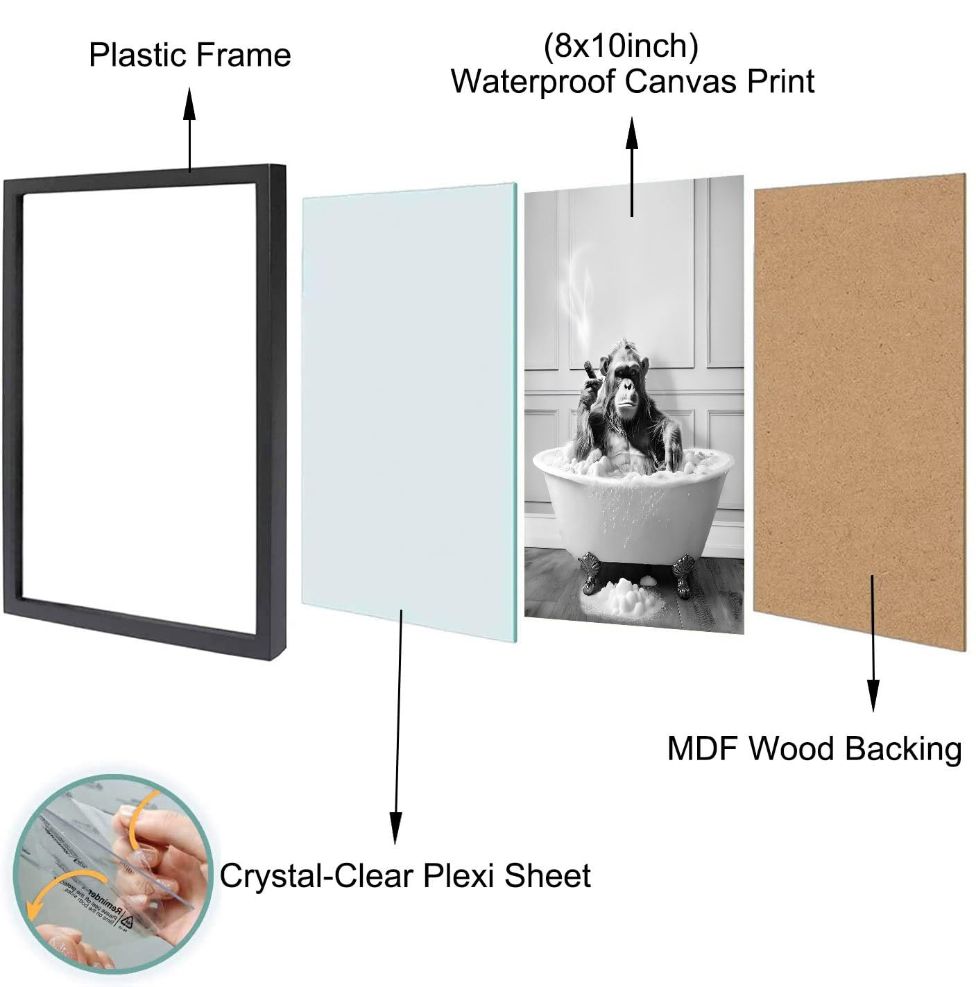 Framed Bathroom Decor Wall Art, Chimpanzee in Bathtub, Black and White Wall Art, Funny Bathroom Wall Decor Signs, Cute Animal Art Home Decor (Framed,8''x10'')