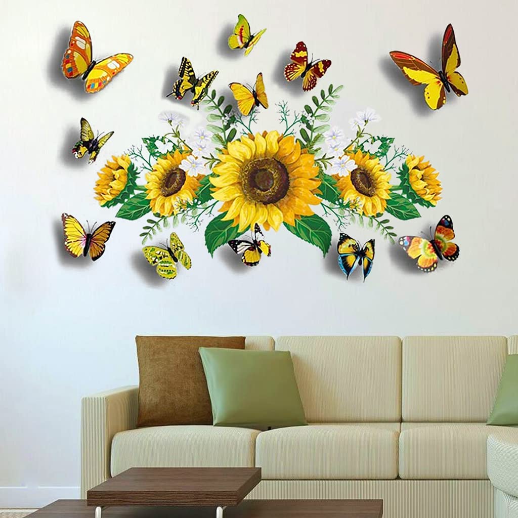 Sunflower Wall Stickers with 3D Butterfly Wall Sticker, Yellow Flowers Wall Decal,SPRT Waterproof and Removable, Sunflower Wall Stickers for Bedroom Living Room Bathroom Décor