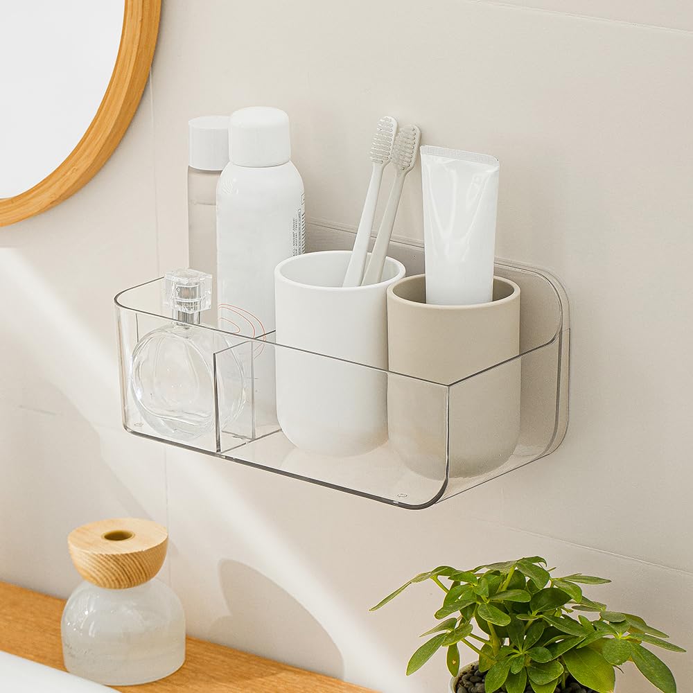 Poeland Wall Mount Storage Organizer, Clear Storage Box Holder Basket with 3 Compartments No Drilling Hang Walls/Doors for Kitchen, Cabinet, Bathroom, Bedroom, Office