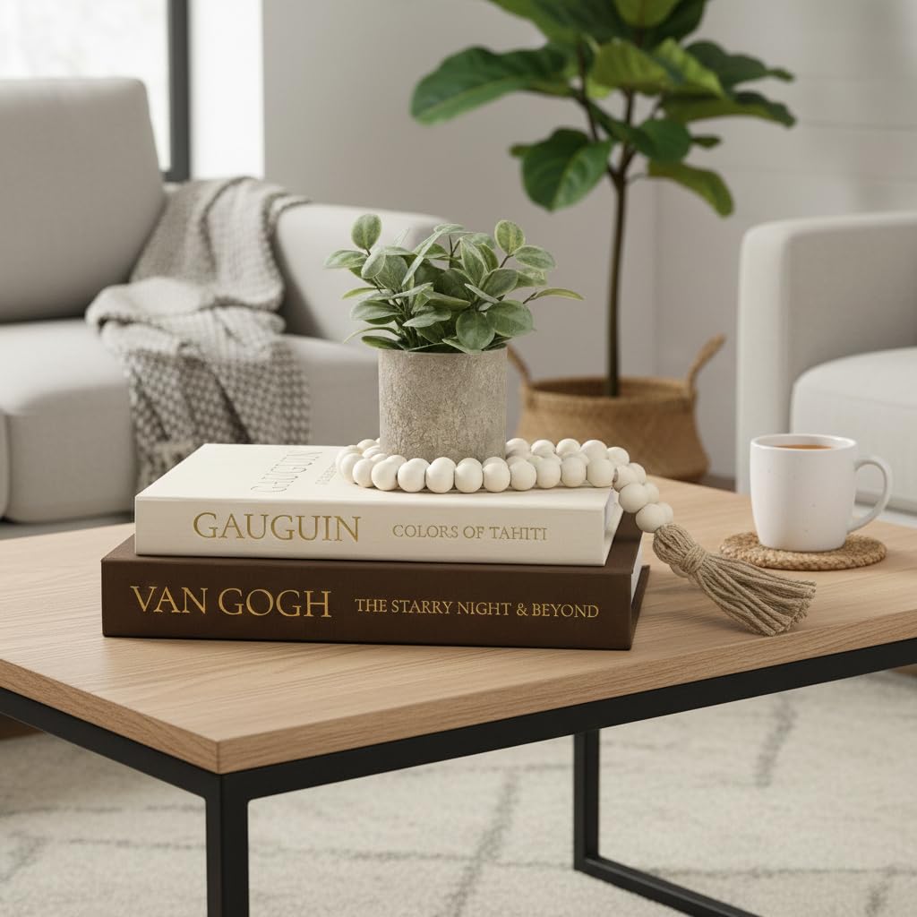 Fveuc Decorative Books for Home Decor - Stackable Faux Book Box for Coffee Table Styling & Hidden Storage - Neutral Linen Fake Books as Display Riser for Shelf & Entryway (Set of 2, Van Gogh Art)