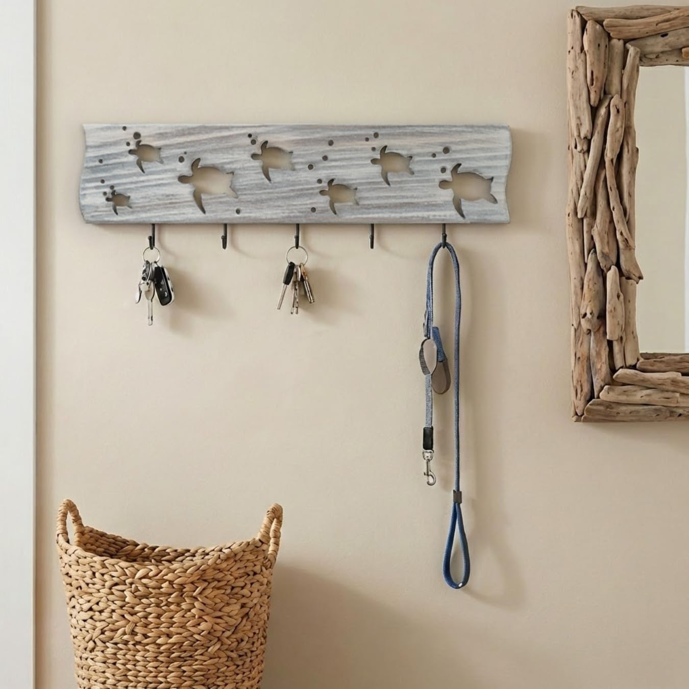 Driftwood Wall Art & DIY Key Holder – Handmade Coastal Home Decor – 17.5" Genuine Weathered Wood Plank with 5 Removable Hooks for Keys, Leashes, and Jewelry – Nautical Beach House Wall Hanging (Turtle March)