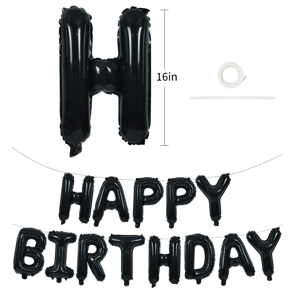 TONIFUL Black Happy Birthday Balloons Banner 16 Inch Mylar Foil Letters Birthday Sign Banner Bunting Reusable for 30th 40th 50th 60th Adults and Halloween Supplies