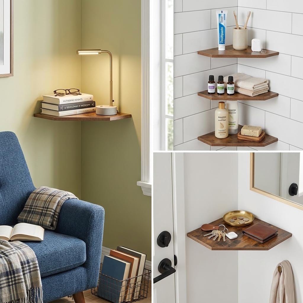 SUYU Set of 3 Floating Corner Shelves, 11.8" Rustic Wood Corner Shelf Wall Mounted, L-Shaped Corner Wall Shelf for Bathroom, Bedroom, Living Room, Kitchen, Office Organizer, Rustic Brown