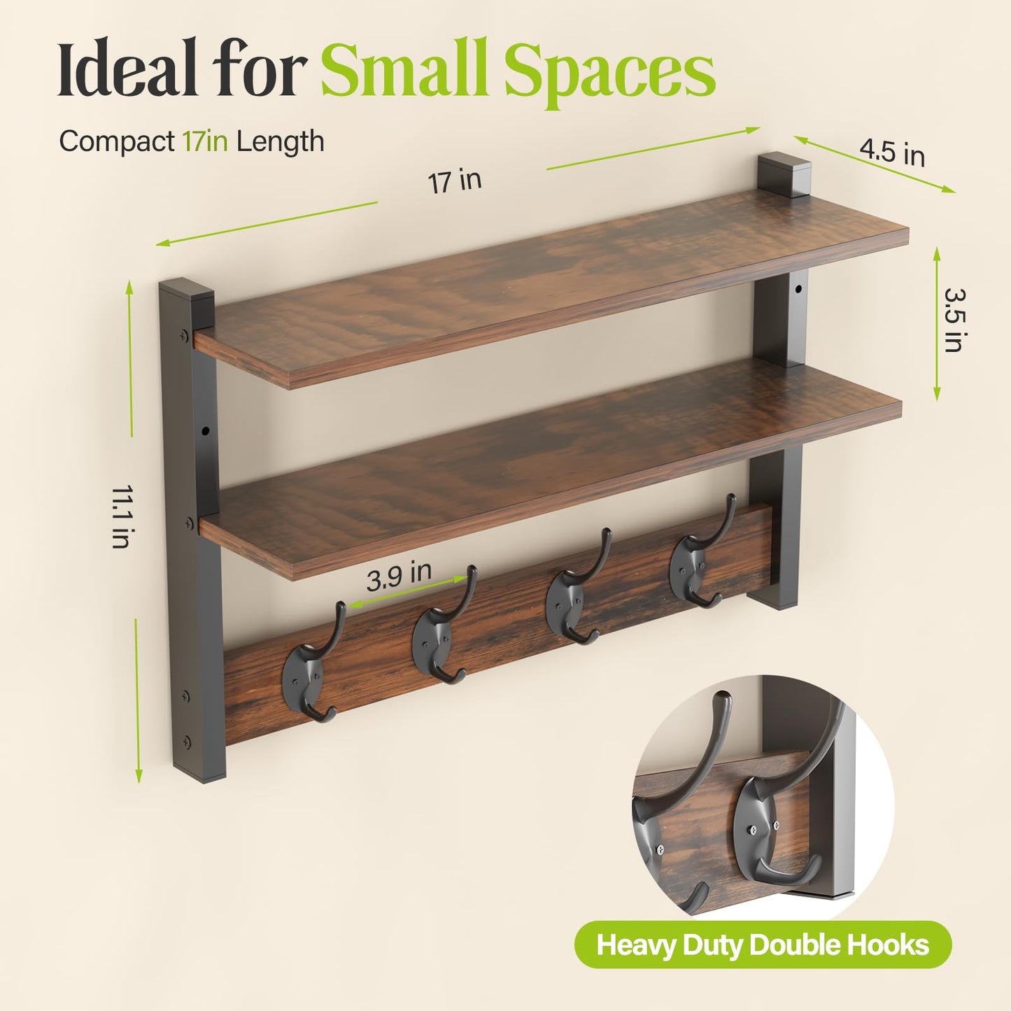 Orapoke Two-Tier Wall Shelf with Hooks, 17" Coat Rack Wall Mount with Shelf, Key Hooks for Wall with Heavy Duty Double Hooks, Coat Hook Wall Mounted for Bedroom, Living Room, Rustic Brown