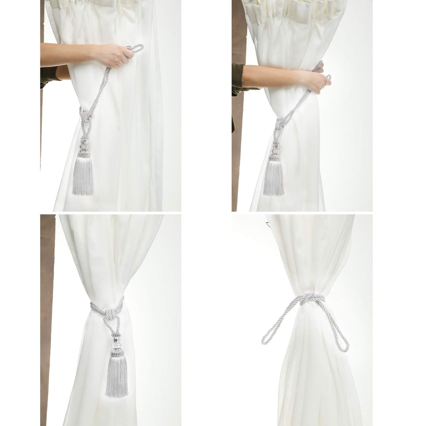 Fenghuangwu Tassel Curtain Tiebacks Handmade Curtain Tie Backs, Elegant Crystal Curtain Holdbacks for Home Office Decor (White, 2P)