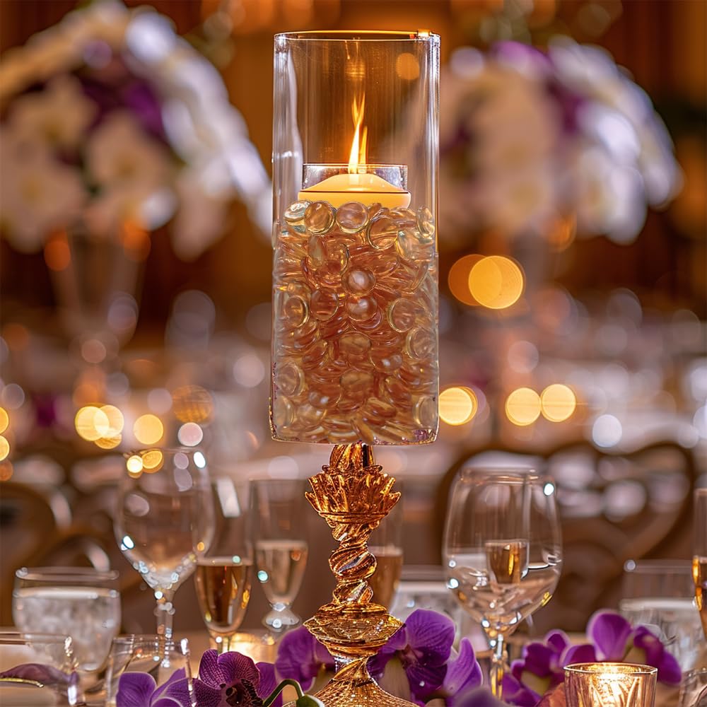 HappyFiller 630 Pcs Home Decoration Wedding Centerpieces Champagne Acrylic Flat Marbles Fake Gemstones for Table Scatter,Vase Fillers,Floral,Party Decor,Candle Holder Gems Beads