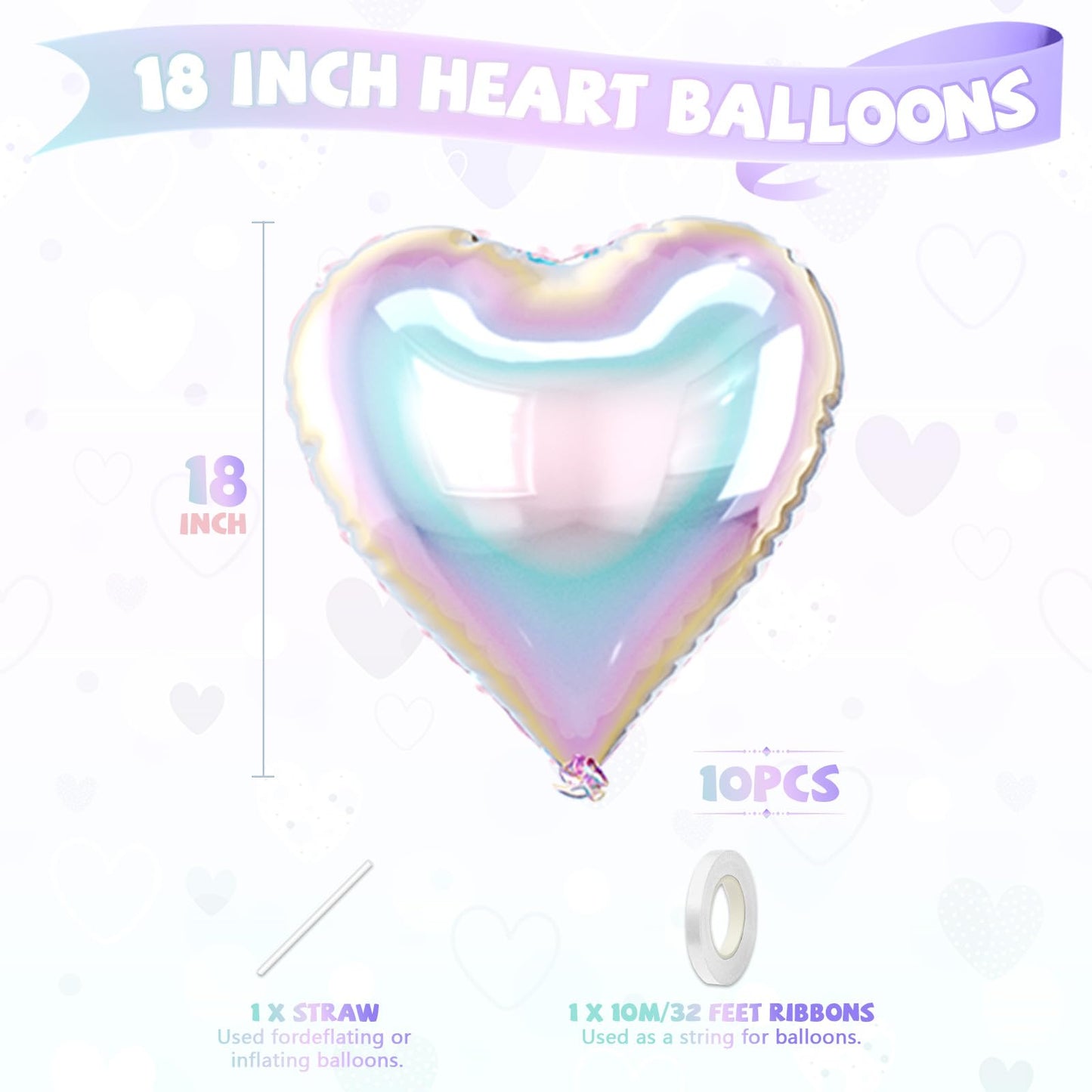 Iridescent Heart Balloons, 10 Pcs Transparent Rainbow Heart Shaped Balloon, 18 Inch Gradient Clear Foil Balloons for Engagement Brithday Baby Shower Wedding Valentines Mermaid Party Decorations