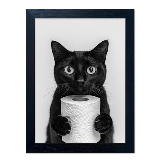 Framed Funny Black Cat Holding Toilet Paper Roll Canvas Print Poster Black and White Bathroom Wall Art Animal Painting Bathroom Pictures Wall Decor