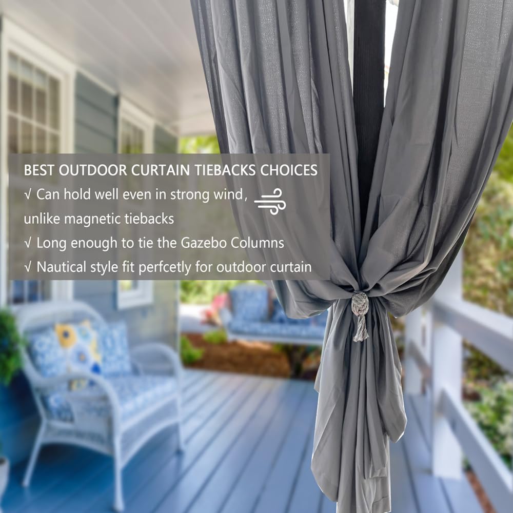 JQWUPUP 4 Pack Rustic Curtain Tiebacks - Decorative Outdoor Drape Drapery Holdbacks Holders - Hand Knitting Cotton Rope Curtain Tie Backs for Sheer and Blackout Curtain (Set of 4, Grey)