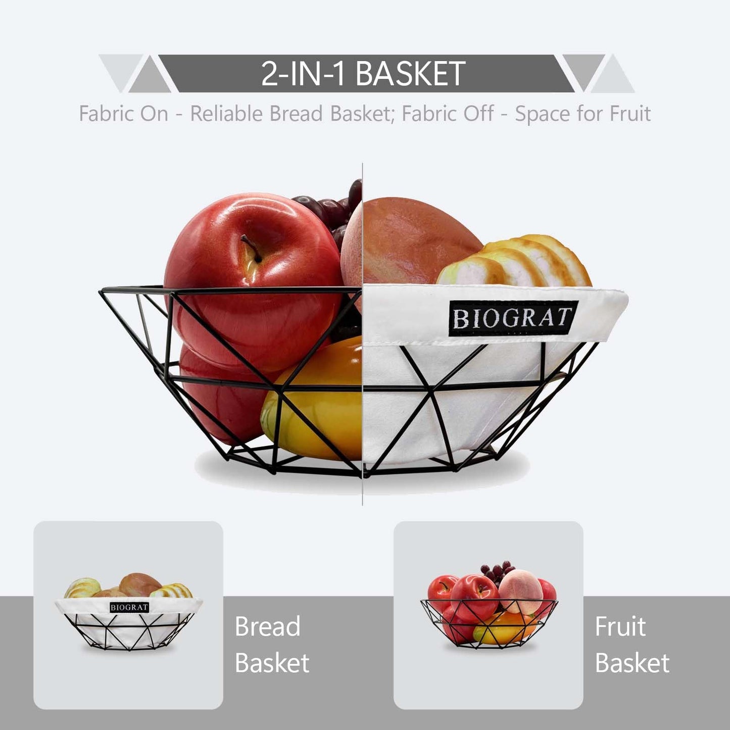BIOGRAT® Metal Bread Serving Basket for Table with Liner Cloth, Ø 10.43 inches 1 Pcs