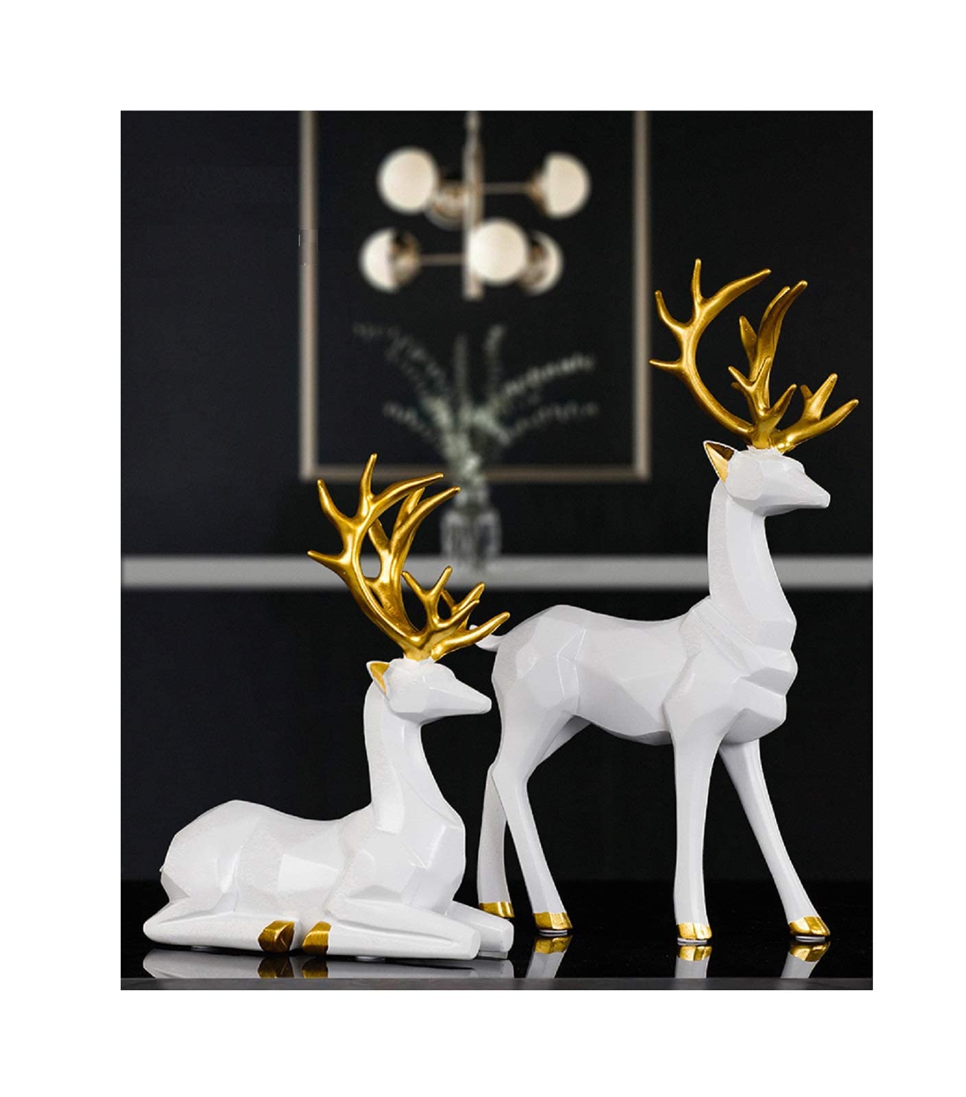 BrichLife 2pcs 3D Geometric Elk Resin Statue, Seated and Standing Elegant Lucky Deer, Luxurious Simple Style Ideas, Suitable for Living Room, Wine Cabinet, Display Stand, Bedroom, Office Desktop