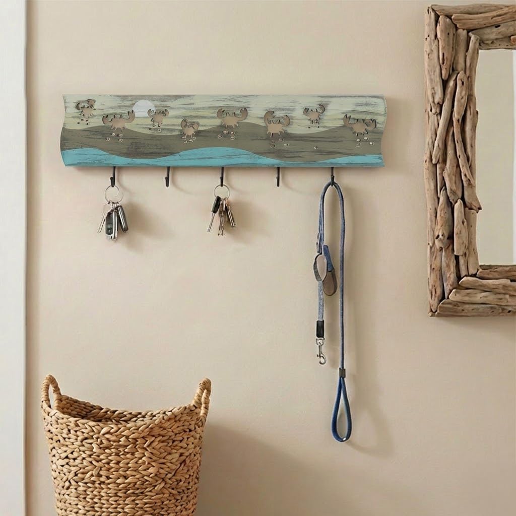 Crab Driftwood Wall Art & DIY Key Holder – Handmade Coastal Home Decor – 17.5" Genuine Weathered Wood Plank with 5 Removable Hooks for Keys, Leashes, and Jewelry – Beach House Entryway Organizer (Crab Parade)