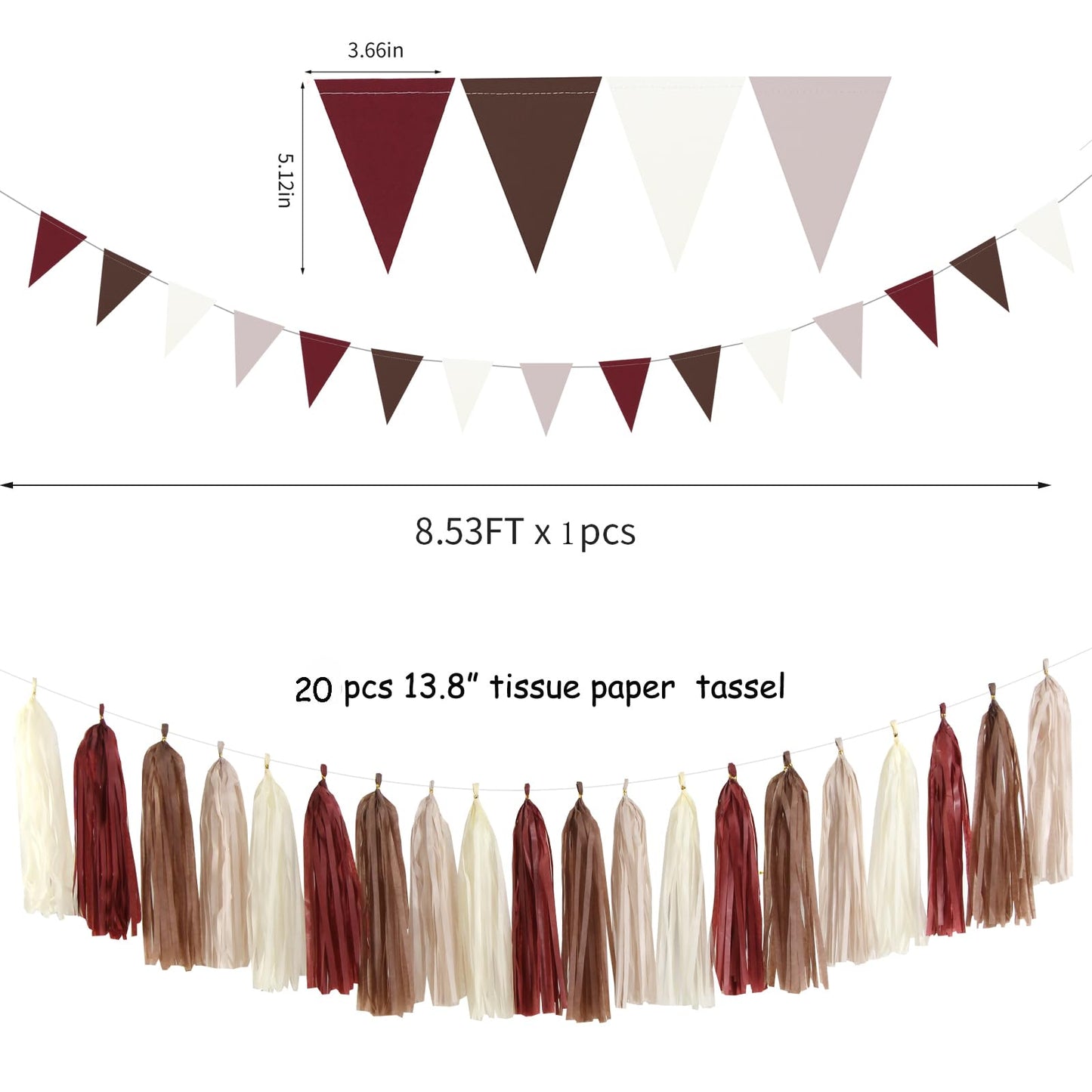 Brown Burgundy Champagne-Gold Party-Decorations - 30pcs Rustic Boho Wedding Tissue Pom-Poms Streamers ,Fall Autumn Tassel Garland Banner,Birthday Baby Bridal Shower Engagement Decor Lasting Surprise