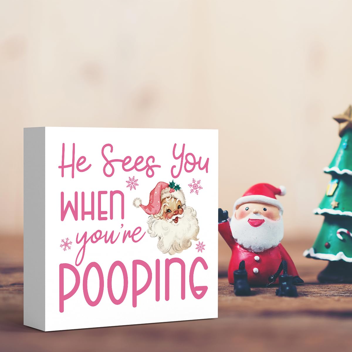 Funny Christmas Bathroom Decor, Pink Christmas Decoration, Funny Gift Decorations for Bathroom, Wooden Box Sign for Home Farmhouse Office Living Room Table Shelf Tiered Desk Decor