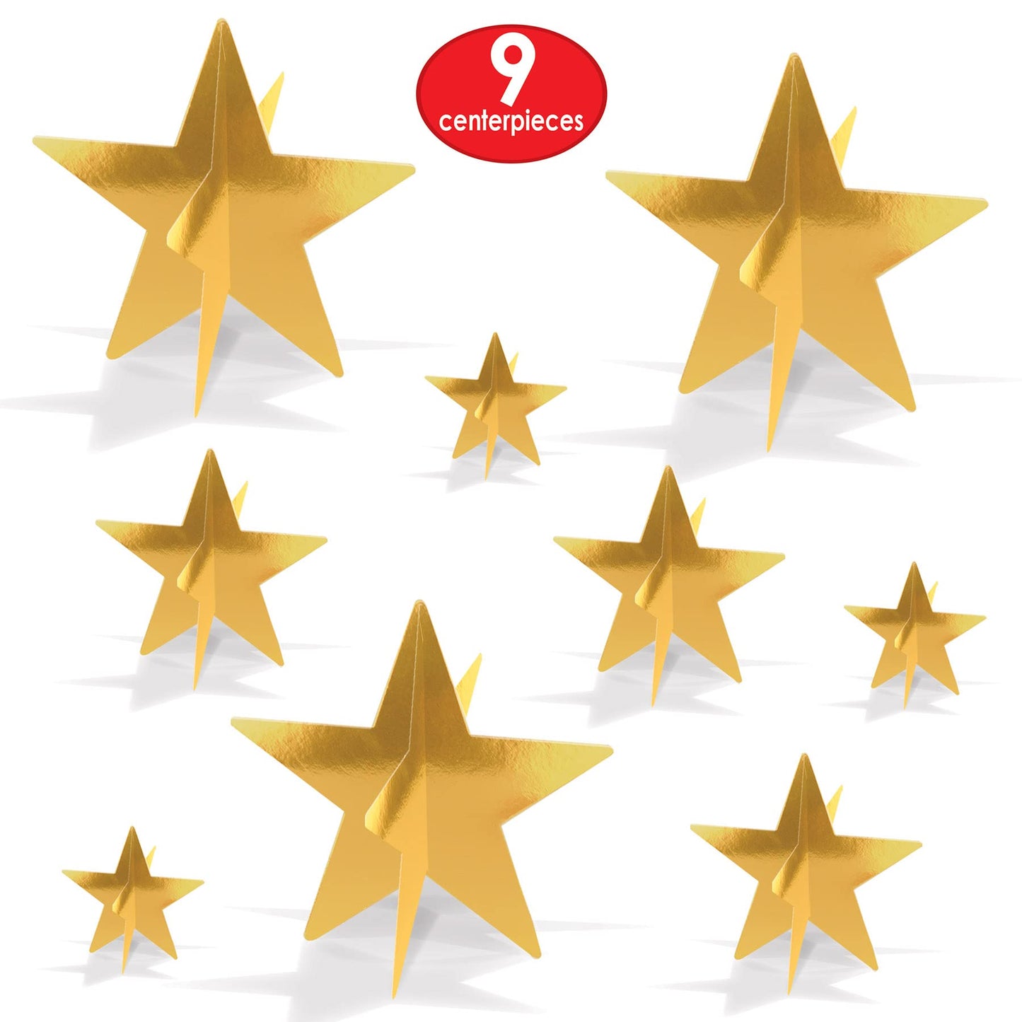 Beistle Gold 3-D Foil Star Centerpieces, 9-Count – Metallic Starry Table Decorations in 3 Sizes for New Year’s Eve, Awards Night, Graduation, Hollywood Party, Anniversary and Celebration Events