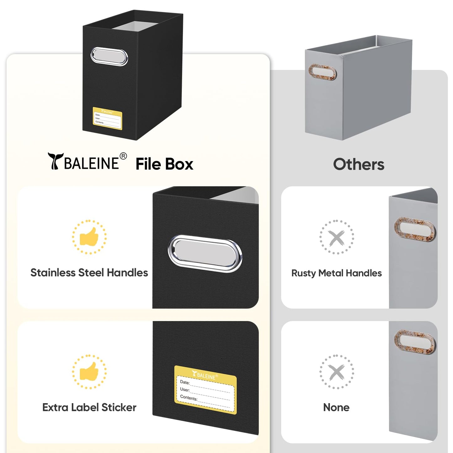 BALEINE File Organizer Box, Cardboard File Folder Organizer with Handle for Letter Size, Portable Collapsible Hanging Filing Box for Home Office Document Storage (2 Pack, Black)
