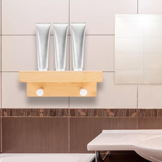 TOYANDONA Wall Shelf with 2 Hooks Floating Wall Mount Rack Storage Organizer Natural Wood Simple for Home Décor and Entryway Key Holder