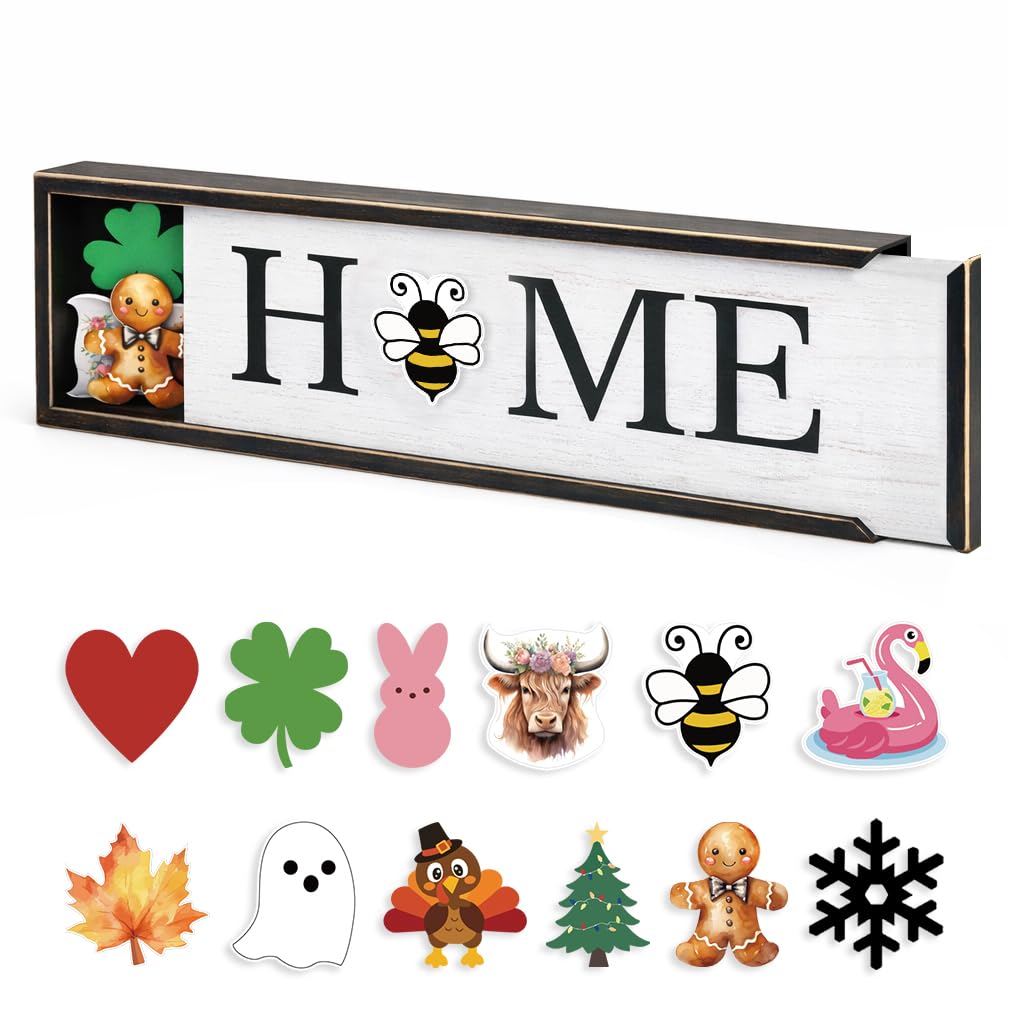 nuvagiki Interchangeable Seasonal Home Sign with 12 Icons, Farmhouse Wooden Table Decor, Rustic Tiered Tray Decorations for Holidays, Spring Summer Fall Christmas Home Decor