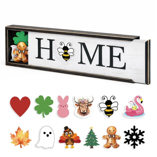 nuvagiki Interchangeable Seasonal Home Sign with 12 Icons, Farmhouse Wooden Table Decor, Rustic Tiered Tray Decorations for Holidays, Spring Summer Fall Christmas Home Decor