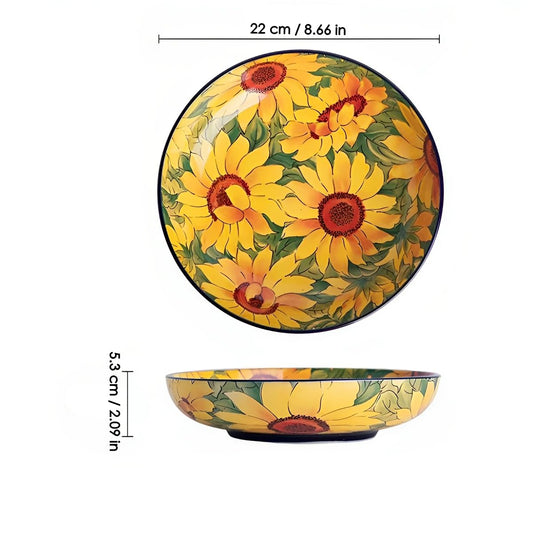 RiJinDuoJin Hand-Painted Ceramic Plates with Lifelike Sunflower Patterns, Smooth Glossy Decorative Serving Plates for Salads, Snacks, Fruits & Appetizers, Warm Cozy Home Dining Ambiance