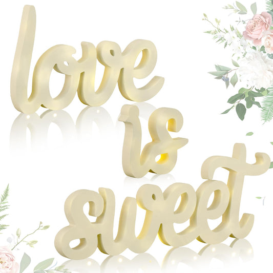 Glooglitter 3 Pcs Love Is Sweet Table Decor Wooden Love Is Sweet Sign LED Hollow Sign for Dessert Freestanding Letter Shelf Rustic Wedding Bridal Shower Engagement Bachelorette Party Decor(Beige)