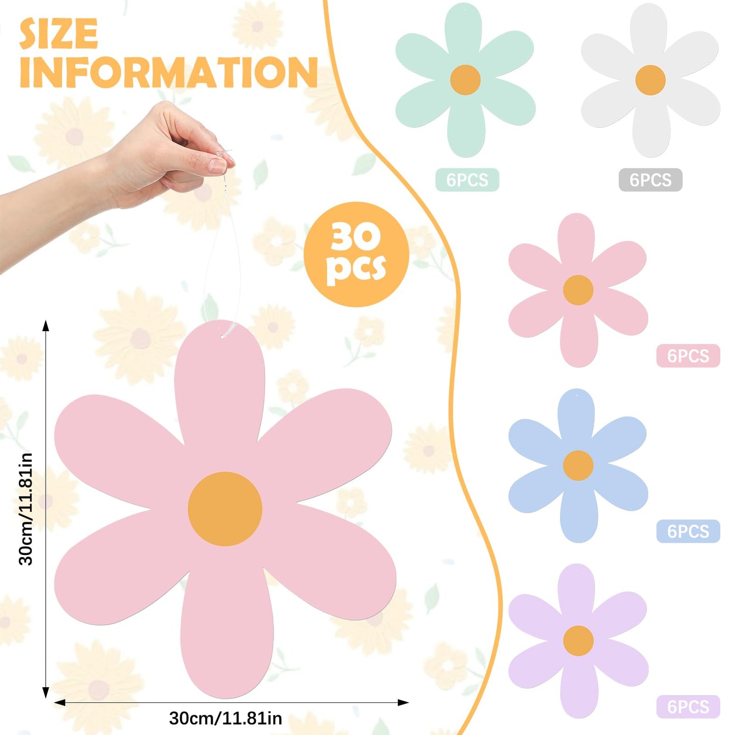 Chinco 30 Pcs Daisy Hanging Decorations for Ceiling Hippie Hanging Garland for Birthday Wedding Party Baby Shower Bridal Shower Home Flowers Party Supplies (Pastel Daisy)