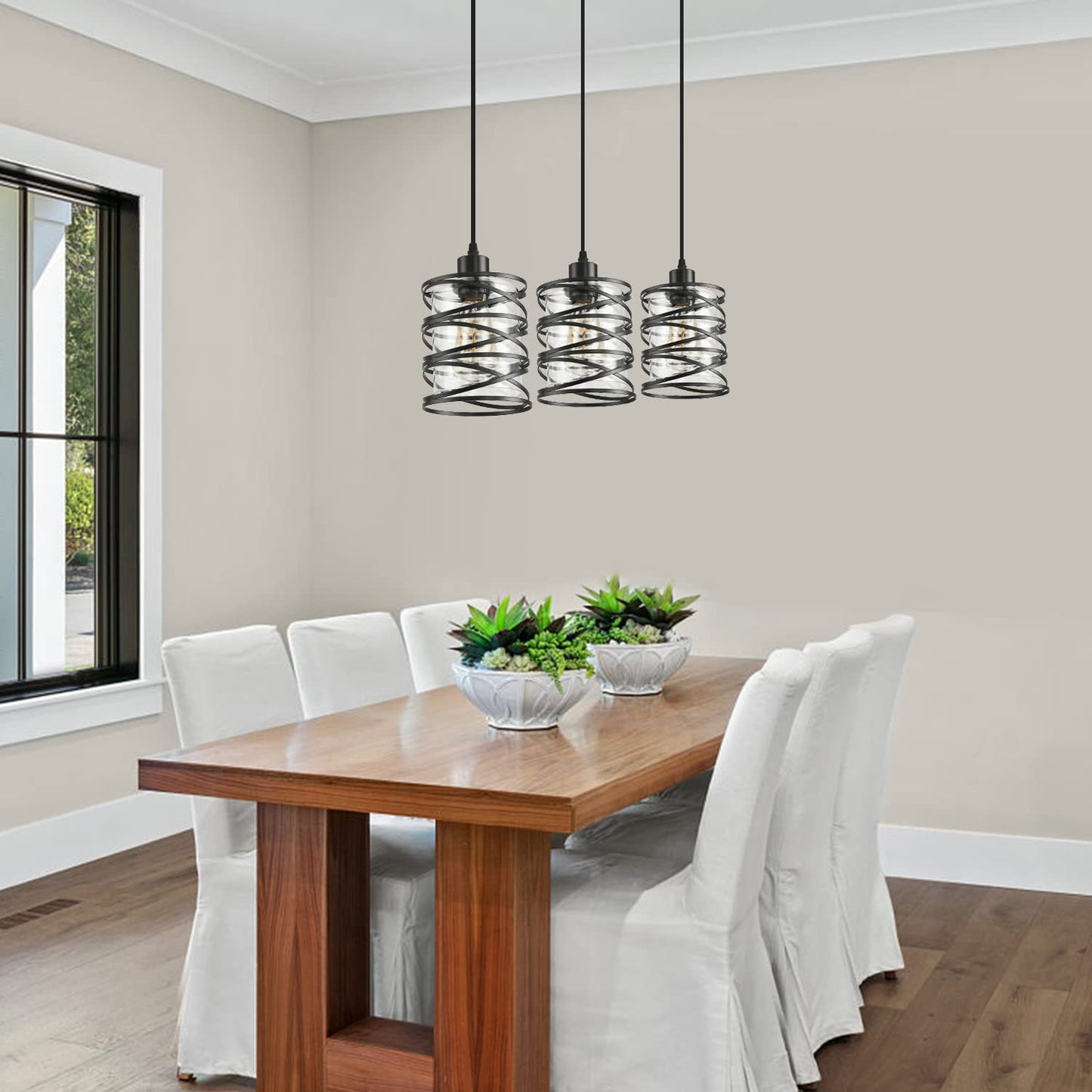 IHENGYANLT 2 Pack Black Spiral Cage Pendant Lights with Clear Glass Shade, Suitable for Kitchen Island, Dining Table, Entryway, Restaurant
