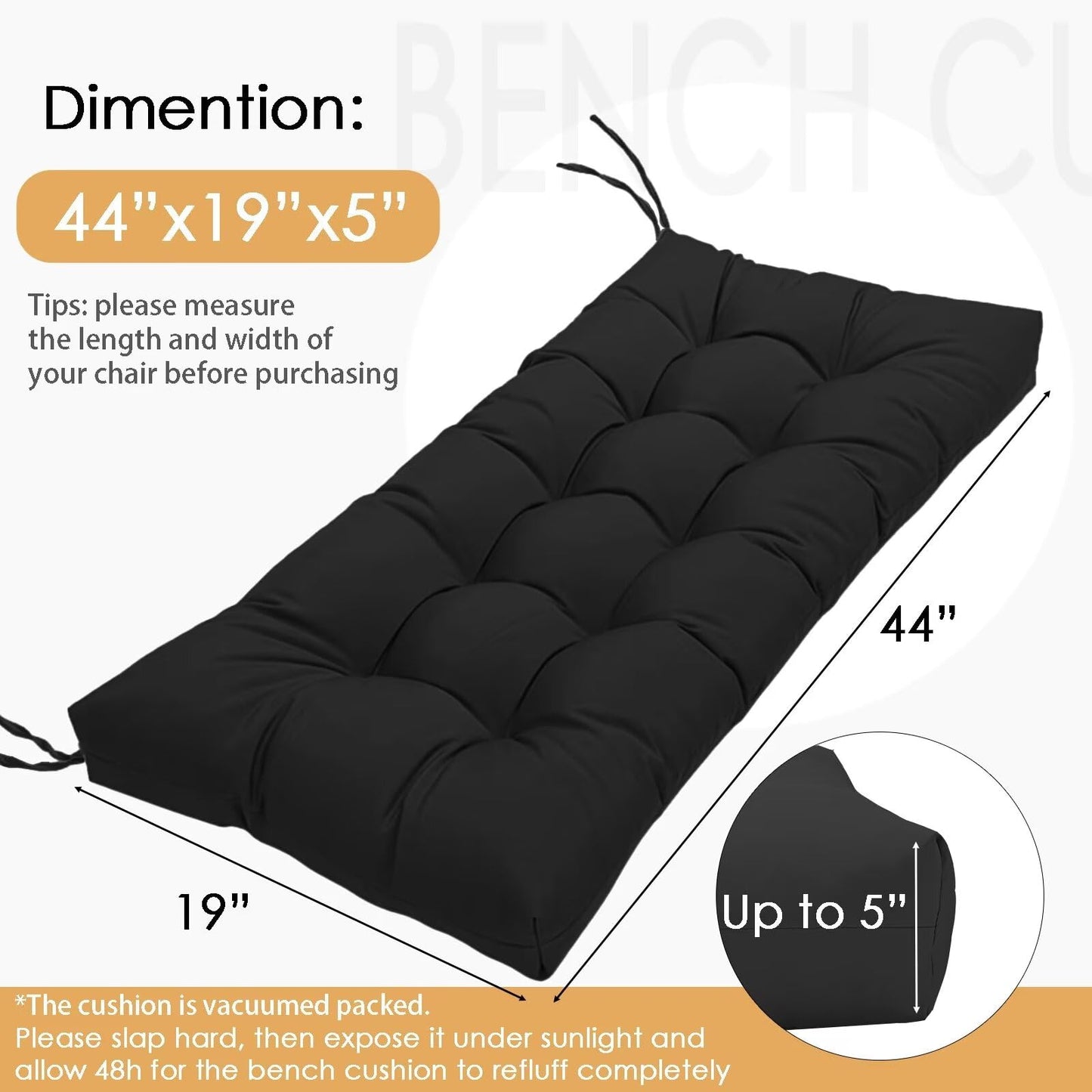 MTMR Outdoor Bench Cushion-44X19 Water-Repellent Tufted Porch Swing Cushions with High Elasticity PP Cotton and Ties Fade-Resistant Patio Outdoor Chair Cushion for Bench Furniture, Indoor Seat Cushion