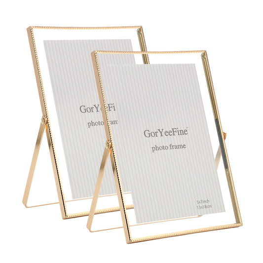 Gold 5x7'' Floating Frame Set of 2, For Photo Sizes (3.5 x5'', 4x 6'' up to 5x7'' ), Beautiful Metal Lace Edge Frames Adjustable Tabletop/Shelf Photo Frame, Classy Gift Choice for Wedding,