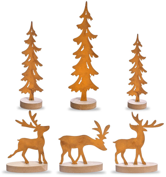 IDATOO Vintage Metal Christmas Trees and Reindeer Set, 6PCS Rustic Tabletop Christmas Decor with Wood Base, Metal Xmas Tree Centerpieces for Winter Holiday Indoor Shelf Fireplace Mantel (6pcs)