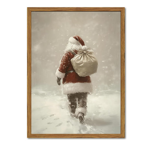 Framed Vintage Christmas Canvas Wall Art, Rustic Santa Claus Walking Snowy Wall Decor Paintings, Winter Holiday Aesthetics Pictures Print Christmas Home Decor for Living Room Bedroom 12×16 inch
