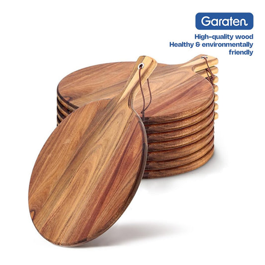 Garaten Round Acacia Wood Cutting Board with Handle - 12 Inch Wooden Charcuterie Board and Serving Platter - 0.7" Thick Acacia Wood Chopping Board for Kitchen with Leather Strap