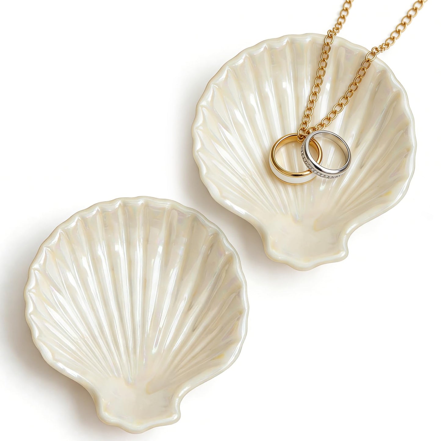 HPZIHYNAP Jewelry Plate Set of 2 Ceramic Shell-Shaped Ring Dishes 3.9-inch Ring Dish & Jewelry Storage Tray