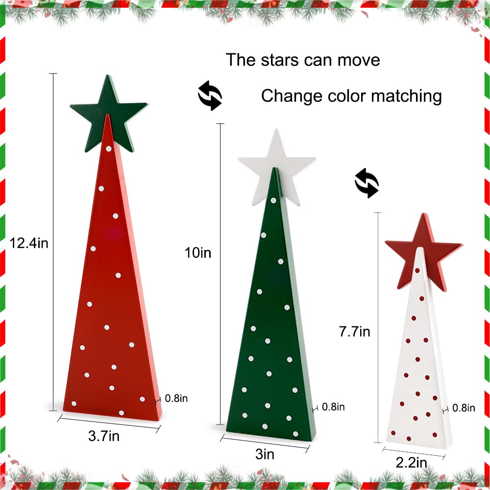 Christmas Decorations Indoor, Christmas Decor - 3 PCS Wooden Xmas Tree Signs with Stars for Home, Table, Fireplace Mantel, Shelf, Office Desk, Party Decor - Xmas Holiday Decorations