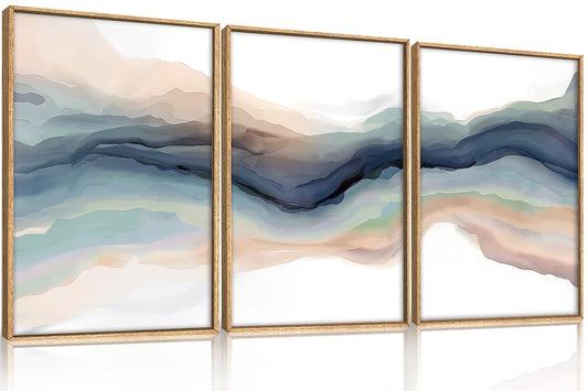 HLNIUC Blue Abstract Wall Art, Watercolor Line 16"x24" Framed Art Set of 3, Modern Wave Canvas Wall Decor, Natural Landscape Paint Stroke Prints for Living Room, Bedroom, Office