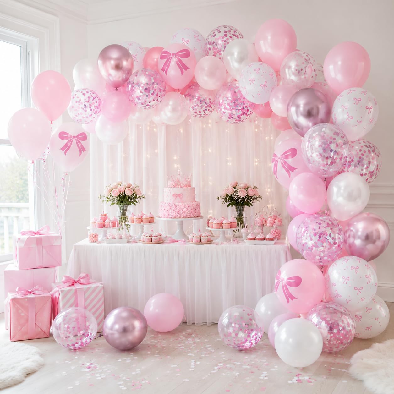 Pink Bow Balloons, 60pcs Pink and White Balloons, Bow Printed Balloon Metallic Confetti Balloon For Girls Women Princess Coquette Birthday Bridal Baby Shower Party Engagement Wedding Anniversary Decor
