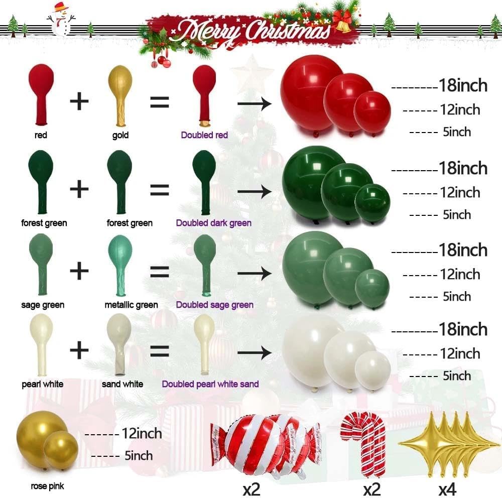 Christmas Red and Green Balloon Garland Arch Kit Pearl White Gold Foil Candy Cane Balloons With Gold 4-Point Star Balloons For Christmas Party Decorations