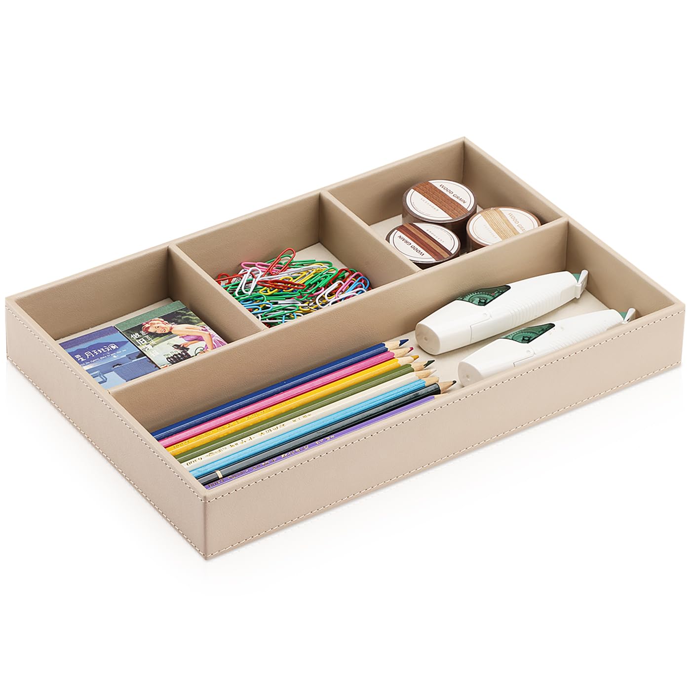 KINGFOM 4-Slot Leather Drawer Tray Desk Stationery Sundries Organizer Storage Box Pen Pencil Holder Case Container (Dark Beige)