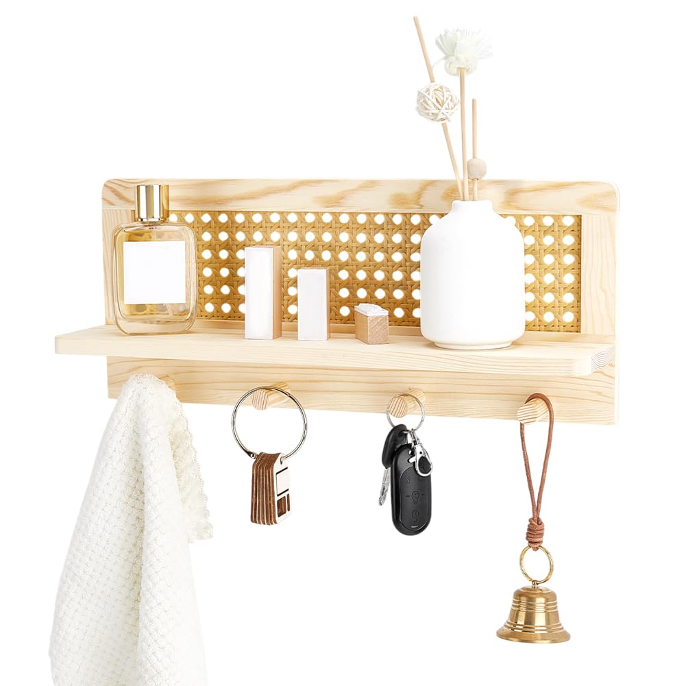 PH PandaHall Rattan Wall Shelf, Rustic Wooden Wall Shelf with Hooks, Decorative Wood Key Holder Rack with Floating Shelf for Entryway Living Room Kitchen Hallway Bedroom Office