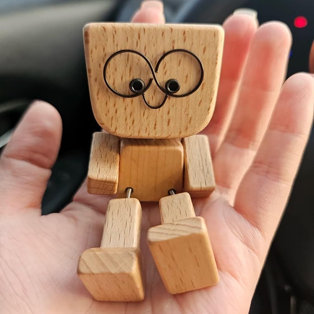 Froklic Shaking Wooden Man,Shaking Wooden Man Figurine with 12 Magnetic Expressions,Funny Dashboard Figurine,Handmade Wobble Doll for Car Accessories and Desk Decoration