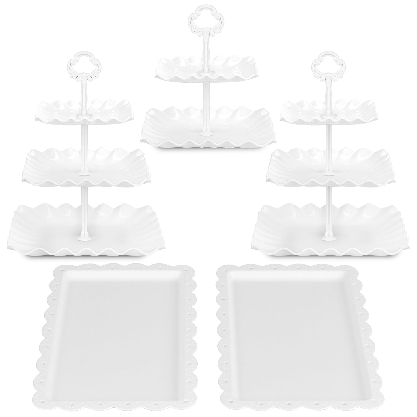 NWK 5 Piece Cake Stand Set with 2 x 3-Tier Cupcake Stands, 1 x2-Tier Cupcake Stands, 2 x Appetizer Trays, for Wedding Birthday Baby Shower Tea Party Decorations (White)