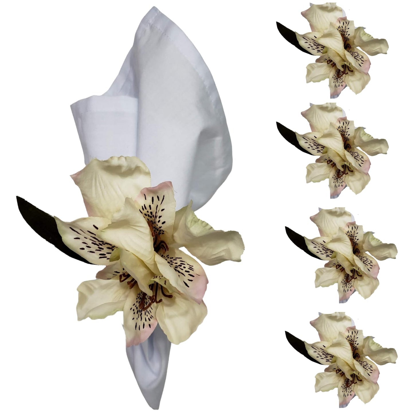 Maison Charlo Set of 4 White Astromelia Napkin Rings | Perfect for Mother's Day, Valentine's, Weddings, Banquets, Christmas, Birthdays, and Thanksgiving